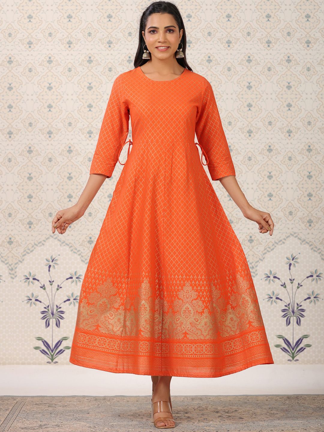 Dhiyona OD Orange Coloured Ethnic Motifs Woven Design Anarkali Kurta