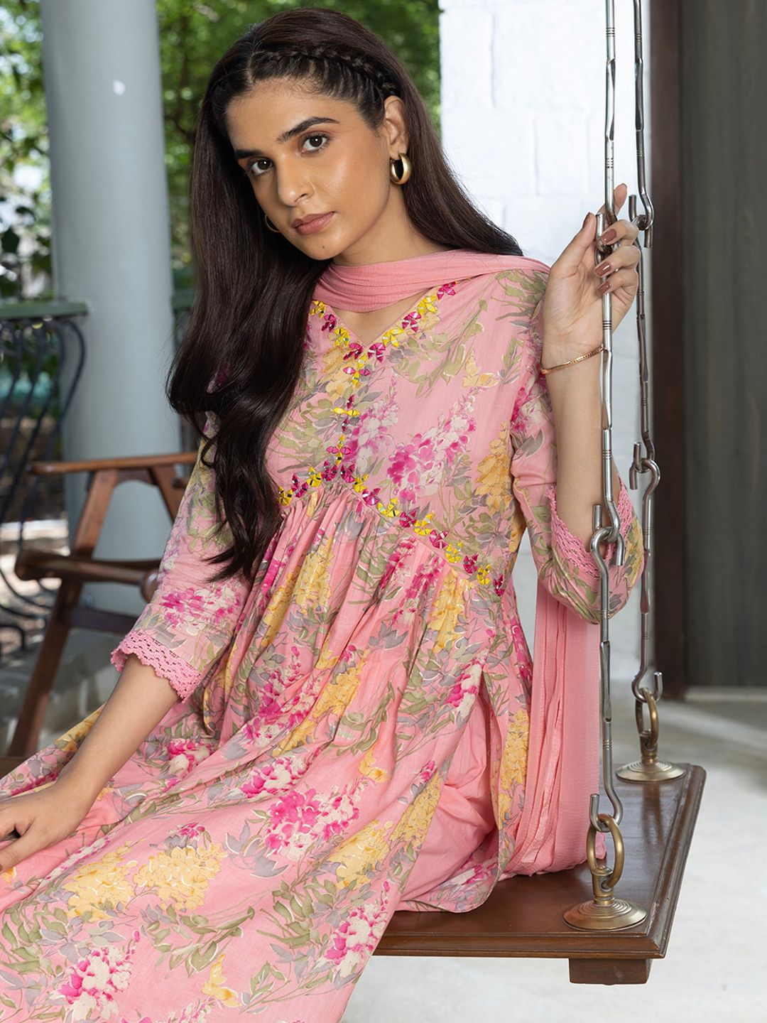 Dhiyona SN Women's Floral Printed Thread Work Pure Cotton A-Line Kurta With Trouser & Dupatta