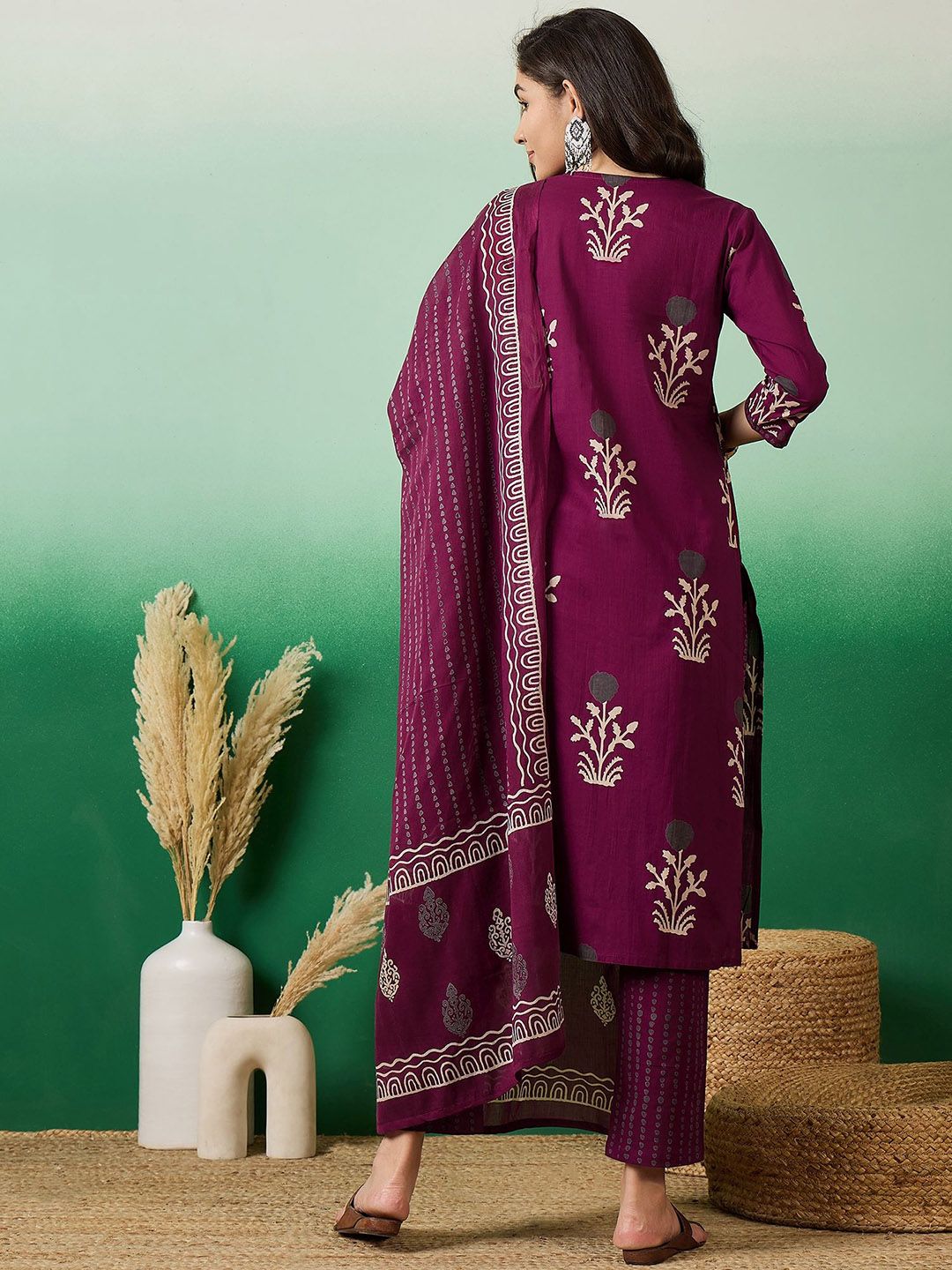 Dhiyona SN Women's Printed Pure Cotton Straight Kurta With Trousers & Dupatta