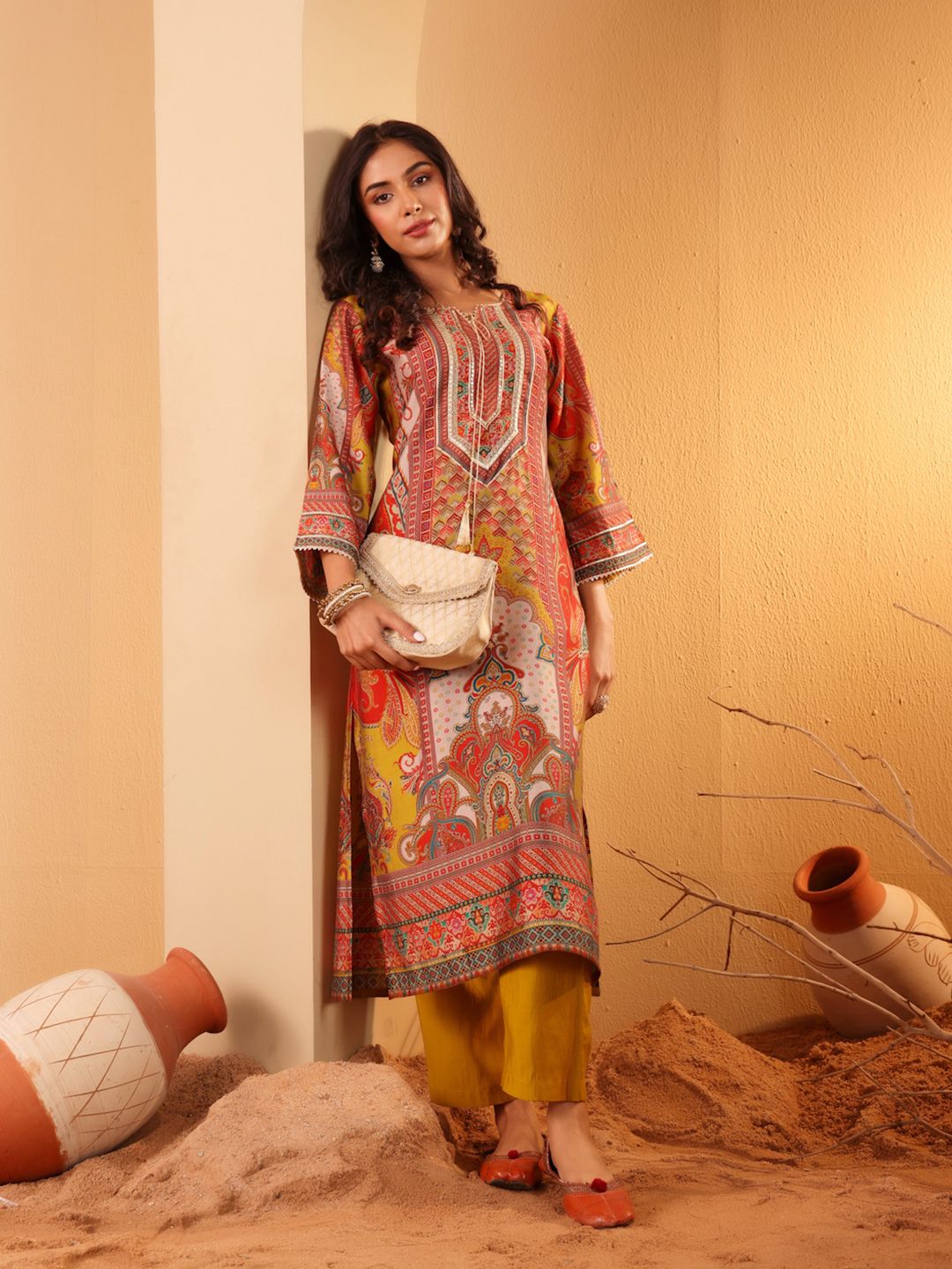 Dhiyona VA Women'sEthnic Motifs Embroidered Gotta Patti Notch Neck Chanderi Silk Kurta With Trousers
