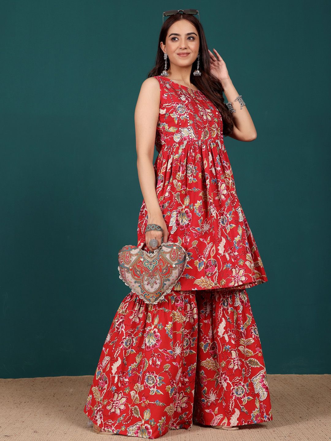 Dhiyona VA Women's Floral Printed Regular Thread Work Pure Cotton Kurta with Sharara