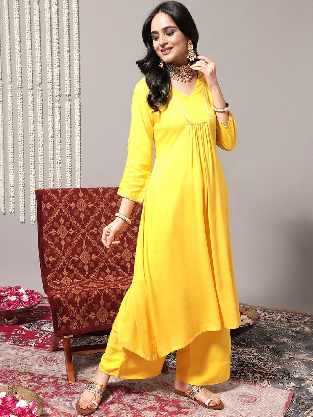 Dhiyona VA Women'sV-Neck A-Line Pleated Kurta with Palazzos & With Dupatta