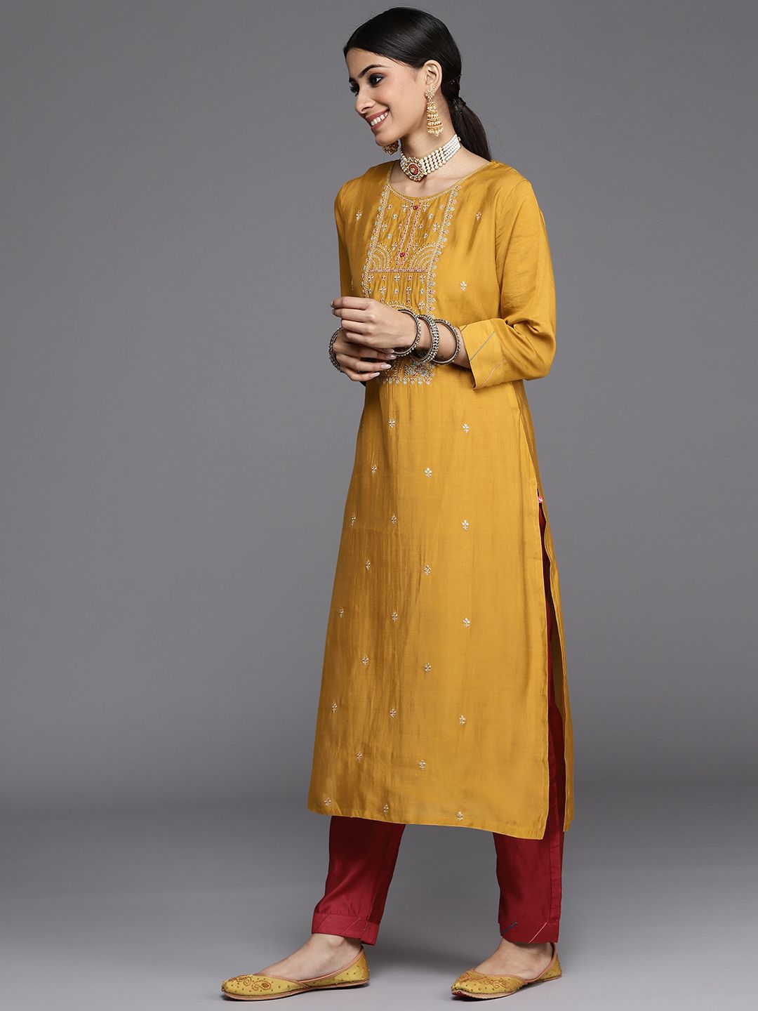 Dhiyona VA Women's Mustard Yellow Ethnic Motifs Embroidered Kurta with Trousers & Dupatta