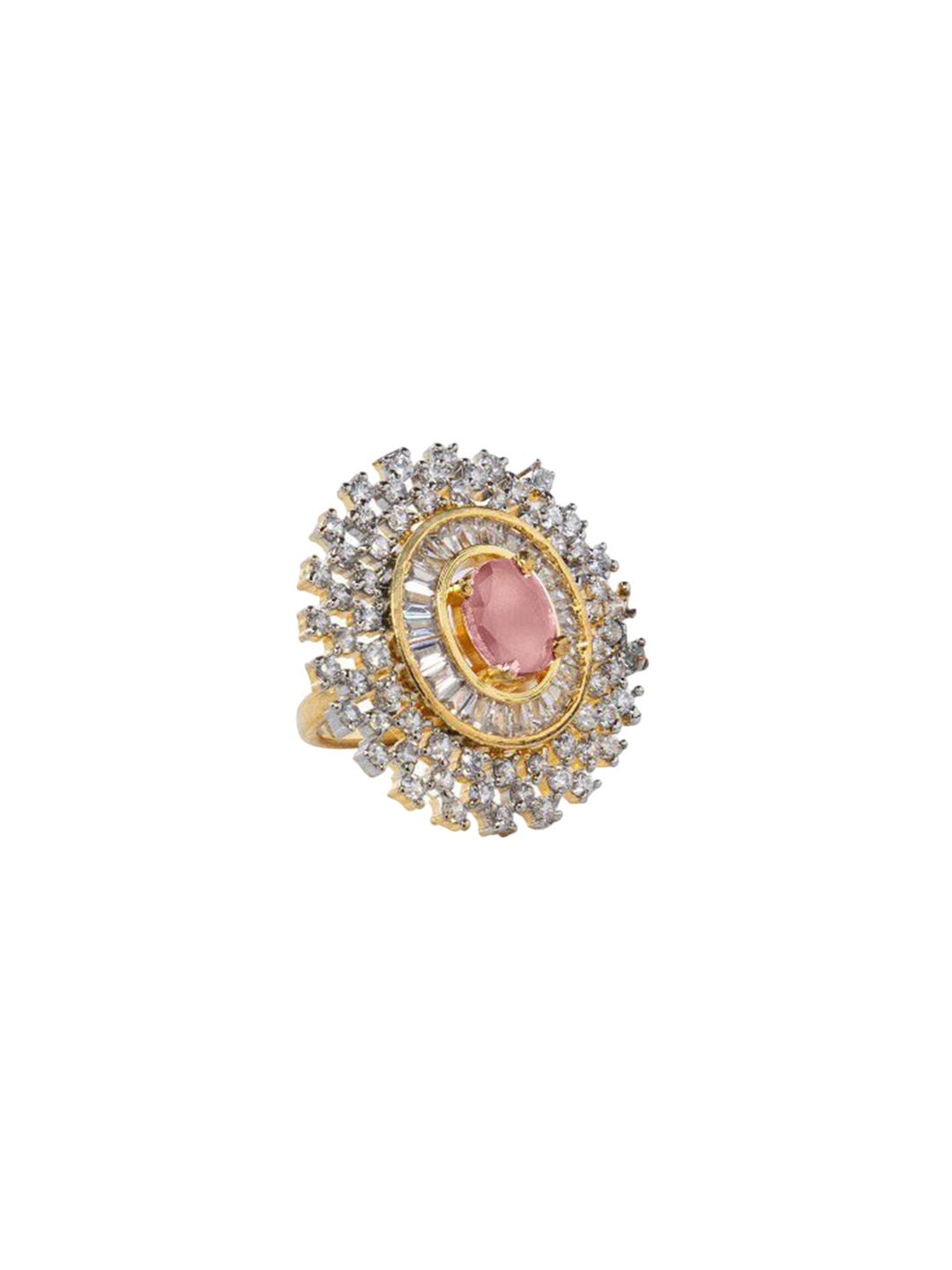 Dhiyona RJ Women's Rhodium-Plated Pink AD & White Zirconia Studded Adjustable Ring