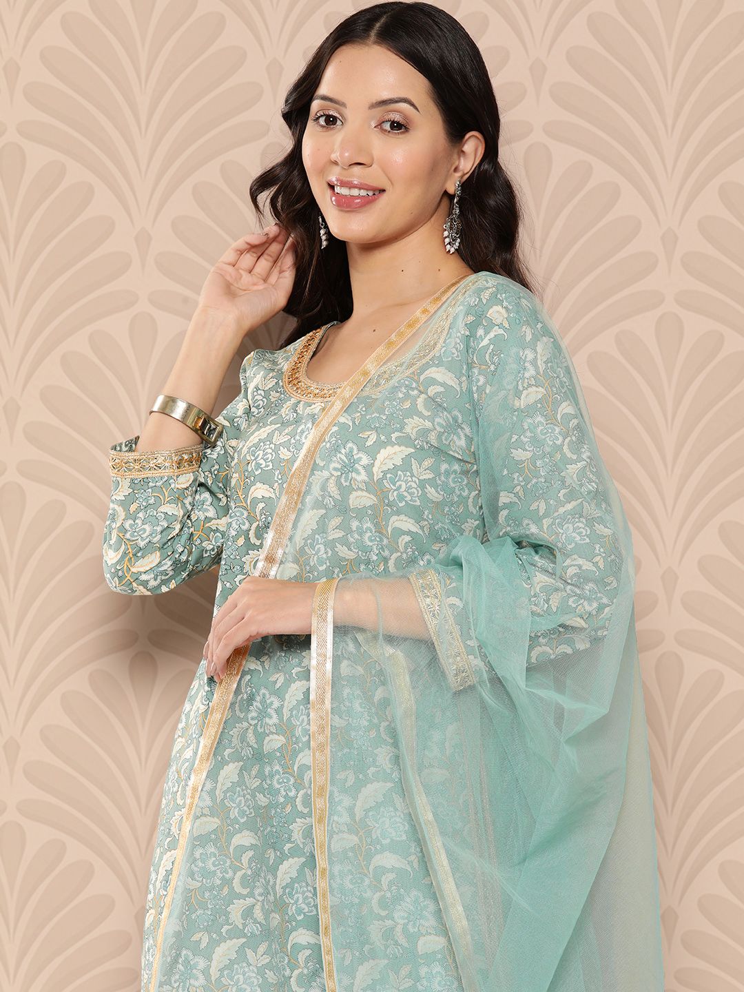 Dhiyona VA Women'sFloral Printed Regular Pure Cotton Kurta with Palazzos & Dupatta