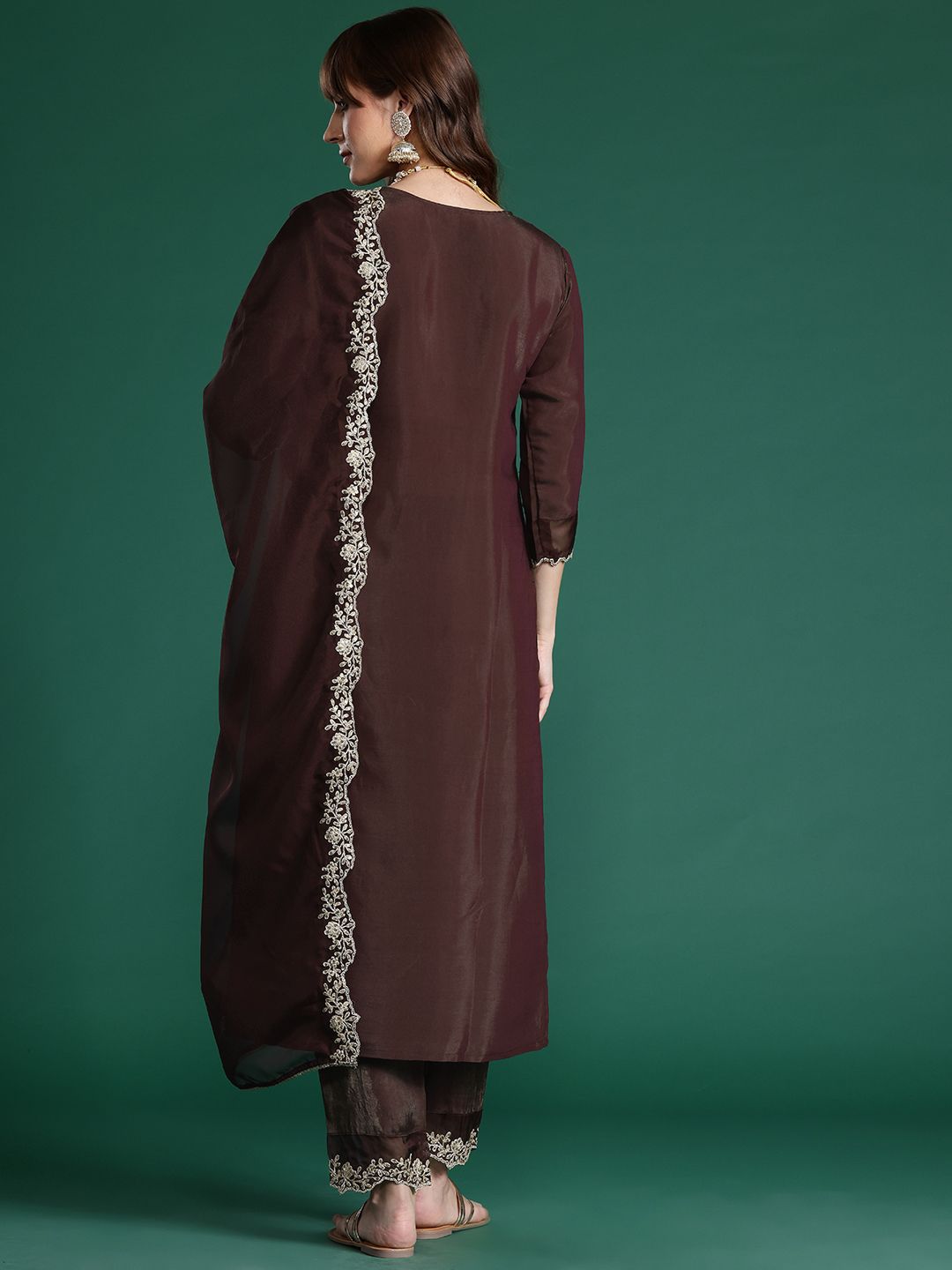 Dhiyona IE Floral Embroidered Liva Kurta with Trousers & With Dupatta