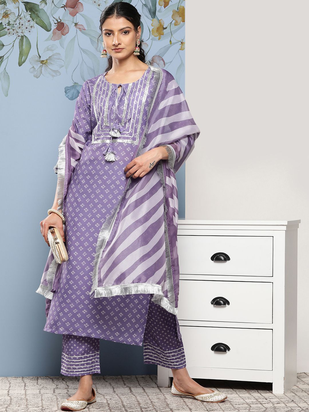 Dhiyona VA Women's Bandhani Printed Kurta With Trousers & Dupatta