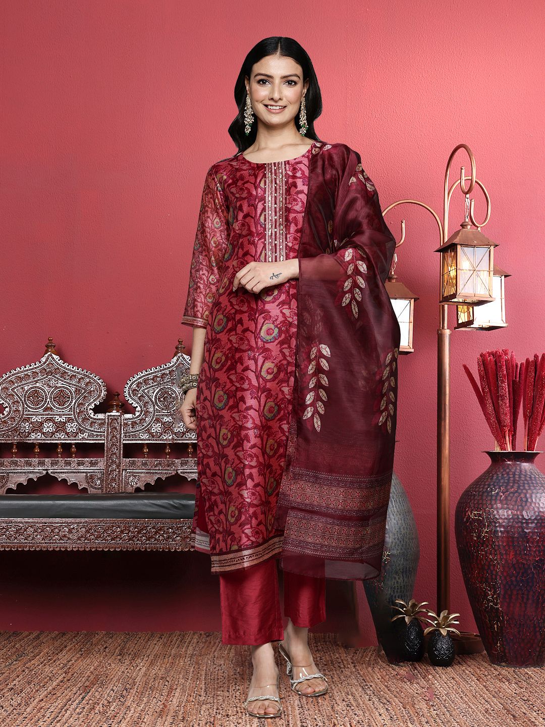 Dhiyona VA Women'sMaroon Floral Printed Beads and Stones Straight Kurta with Trousers & Dupatta