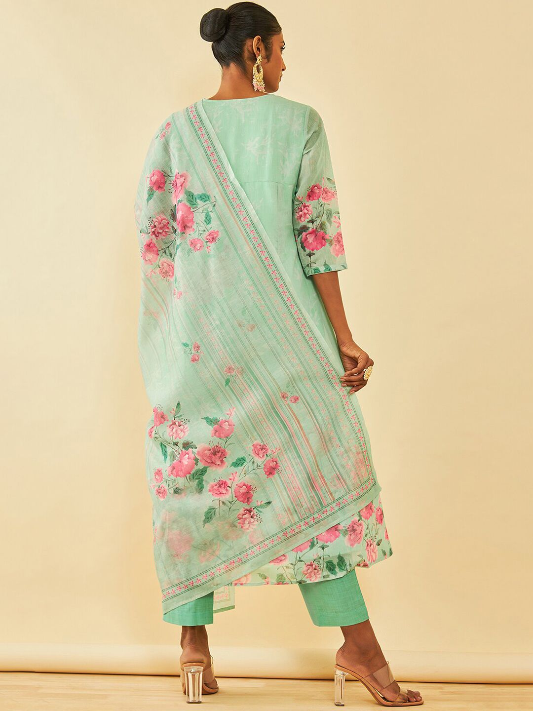 Dhiyona SO Women's Floral Printed Regular Thread Work Chanderi Silk Kurta with Trousers & Dupatta