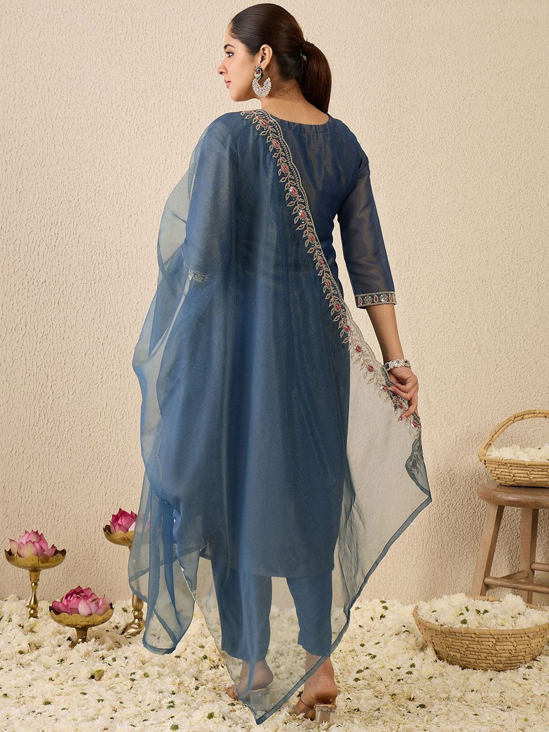 Dhiyona IE Women's Ethnic Motifs Embroidered Thread Work Liva Straight Kurta With Trousers & Dupatta
