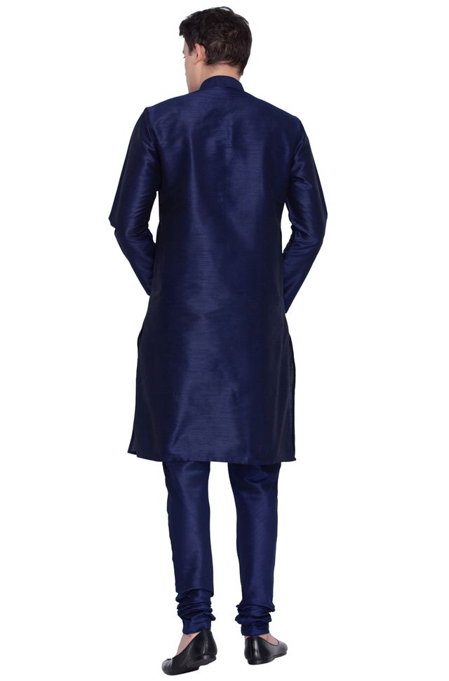 Men's Dark Blue Silk Blend Straight Kurta Pyjama Set