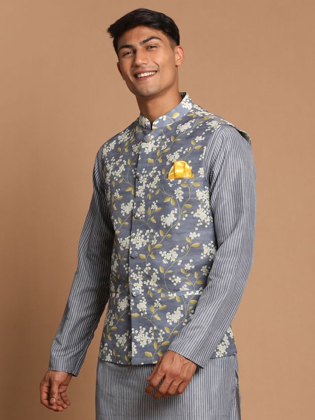 Men's Grey Cotton Blend Straight Nehru Jacket