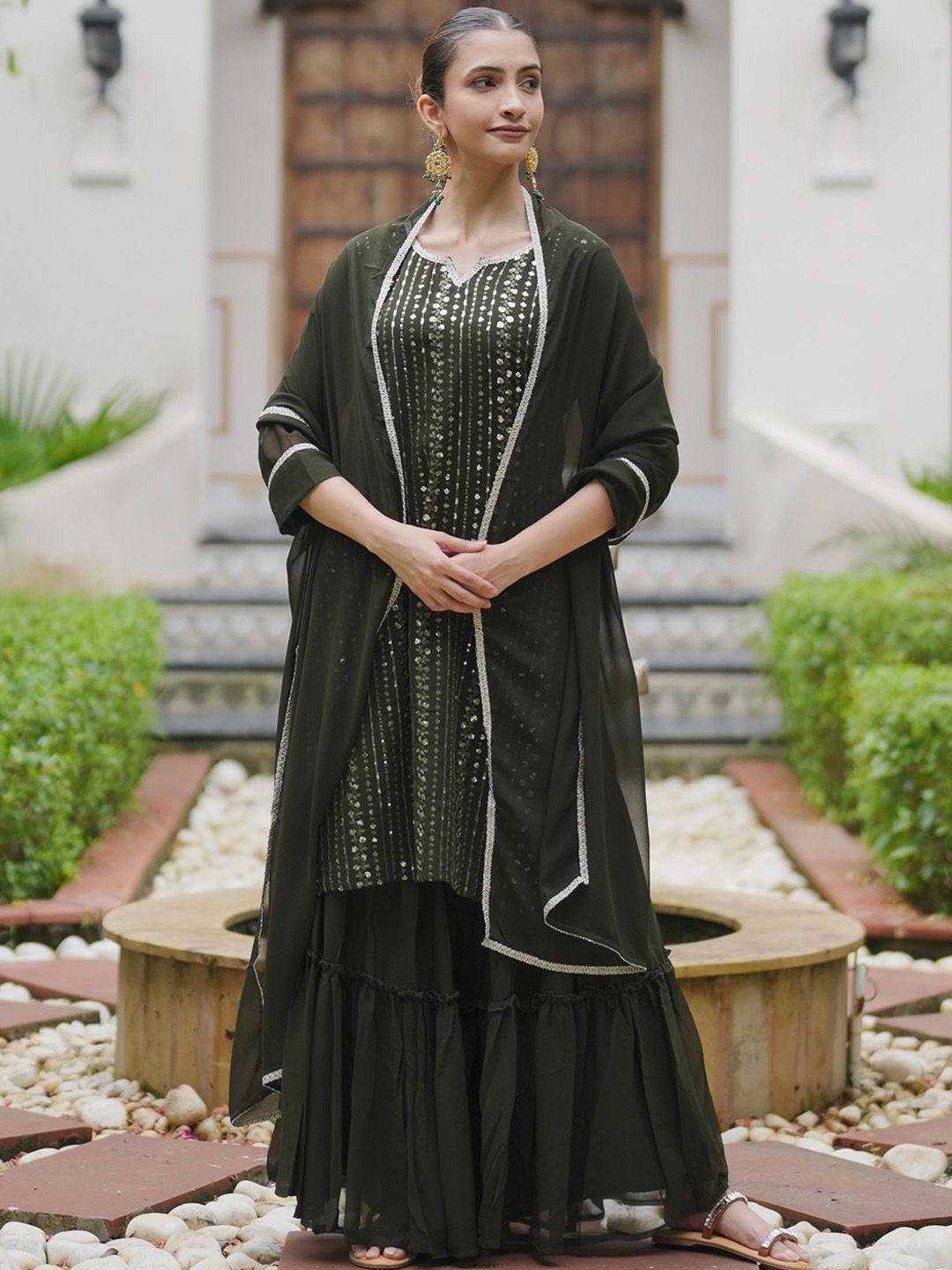 Dhiyona IE Ethnic Motifs Embroidered Sequinned Kurta With Sharara & Dupatta