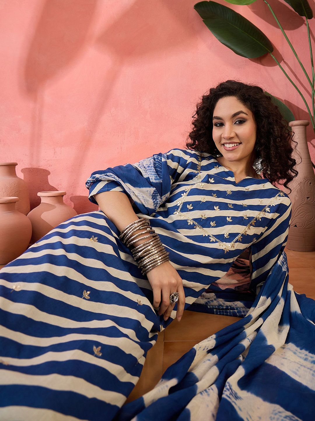 Dhiyona SN Women's Striped Notch Neck Sequinned Pure Cotton Straight Kurta With Trouser & Dupatta