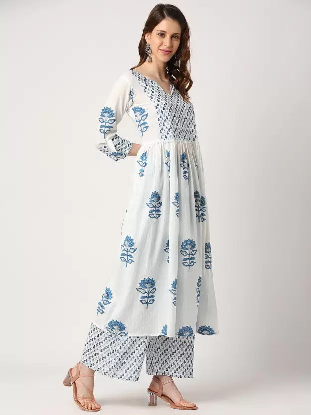 Women White Printed Pure Cotton Kurta, Pant And Dupatta Set