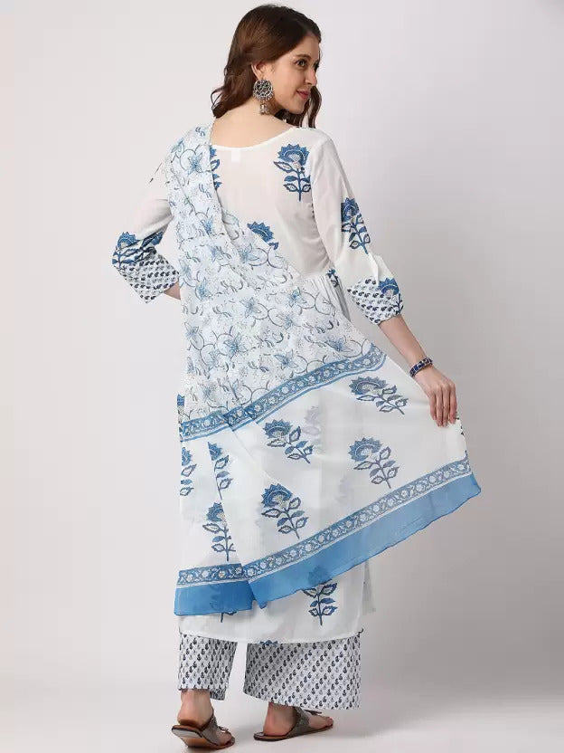 Women White Printed Pure Cotton Kurta, Pant And Dupatta Set