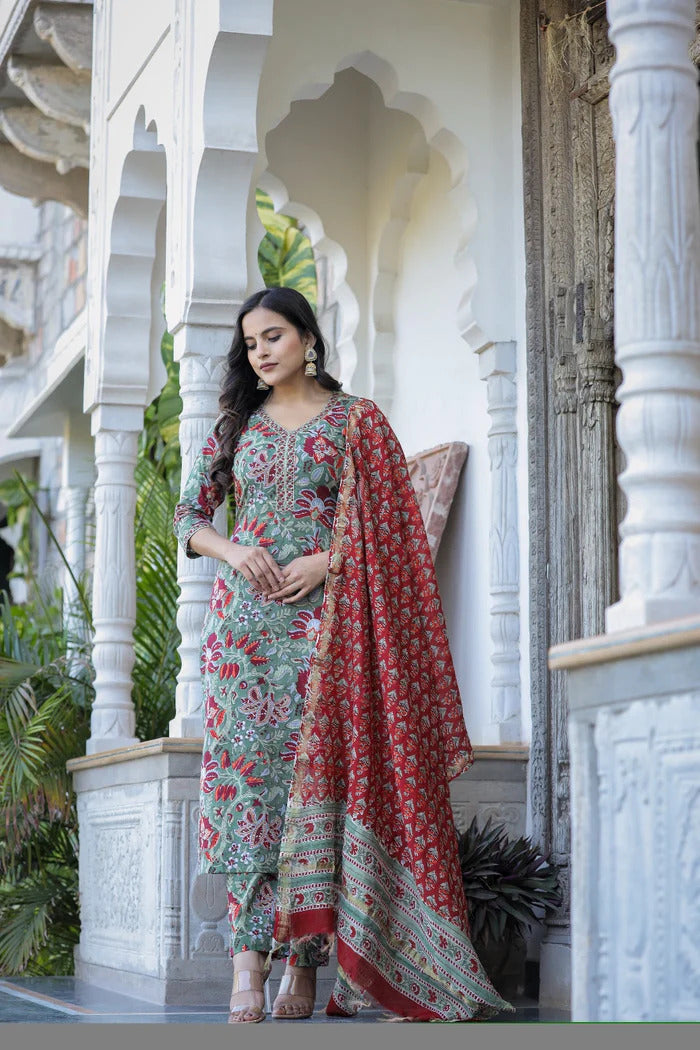 Women Multicolor Printed Viscose Rayon Kurta, Pant And Dupatta Set