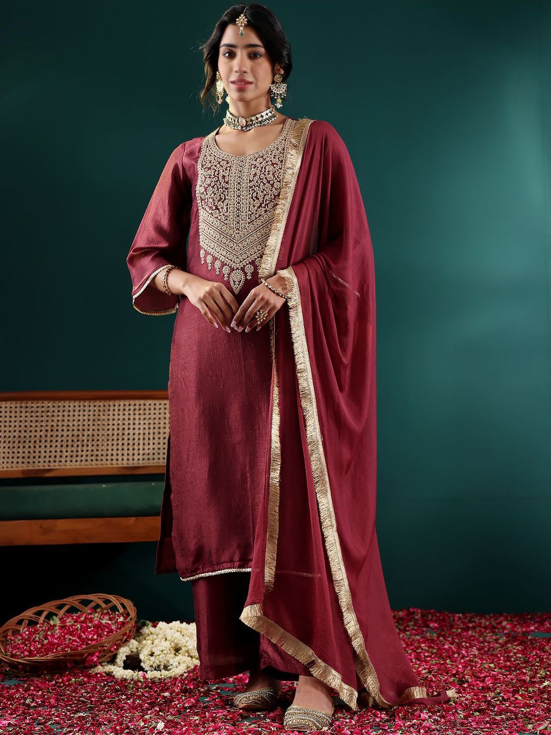 Dhiyona VA Women's Ethnic Motifs Embroidered Regular Thread Work Kurta with Palazzos & With Dupatta