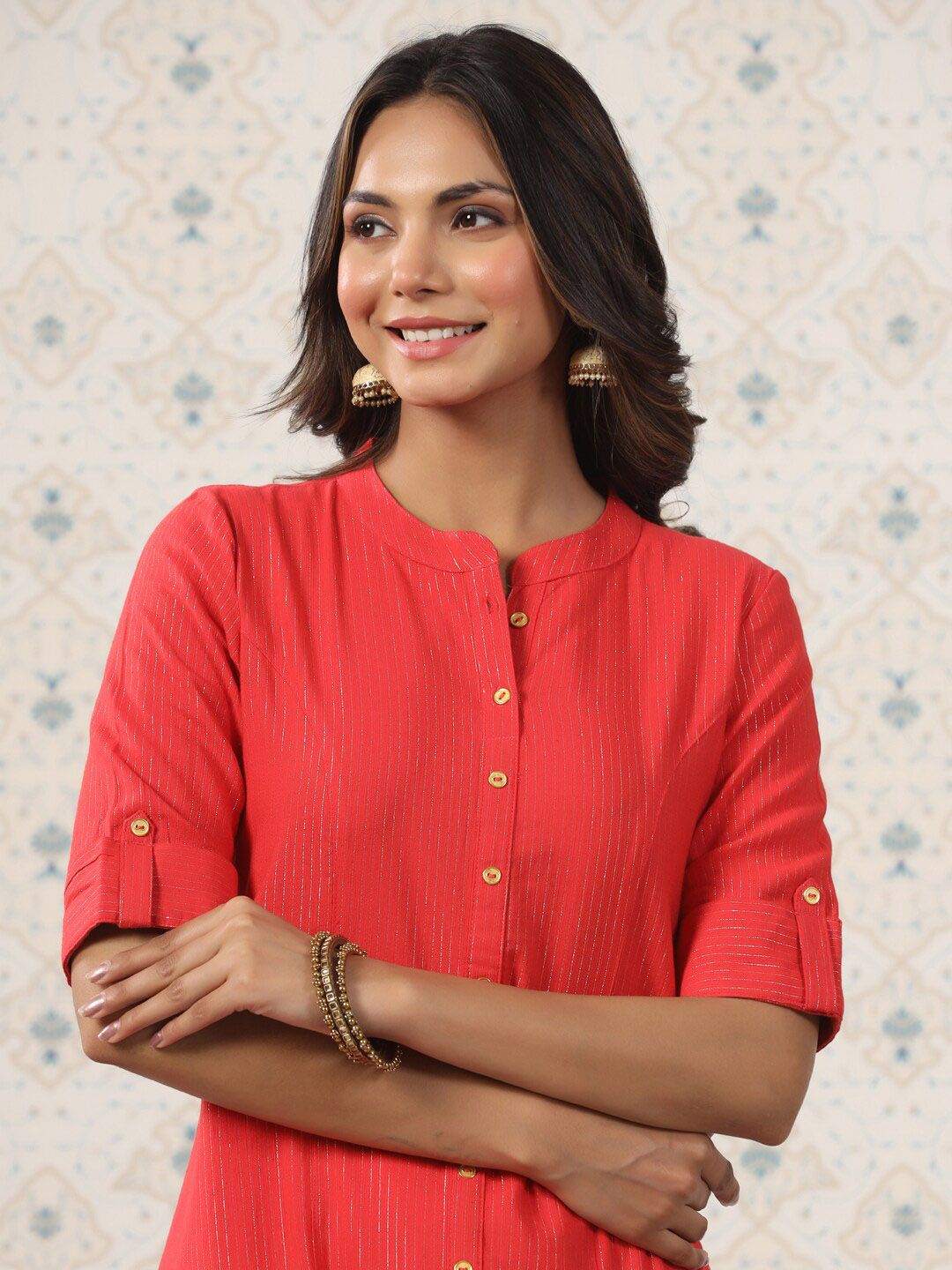 Dhiyona OD Striped Mandarin Collar Roll Up Sleeves Kurta with Palazzos