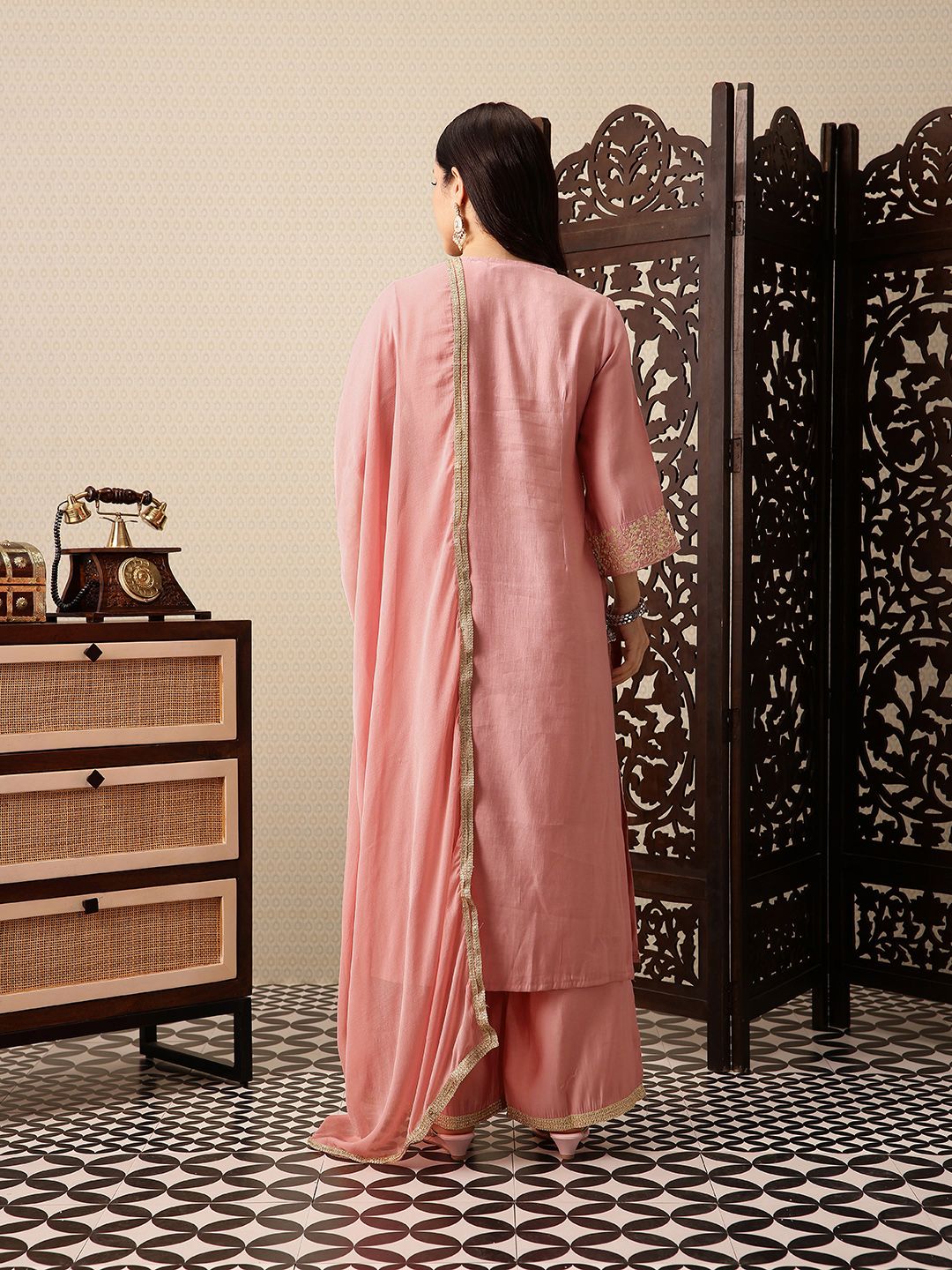 Dhiyona PD Women Floral Yoke Design Thread Work Kurta with Palazzos & Dupatta