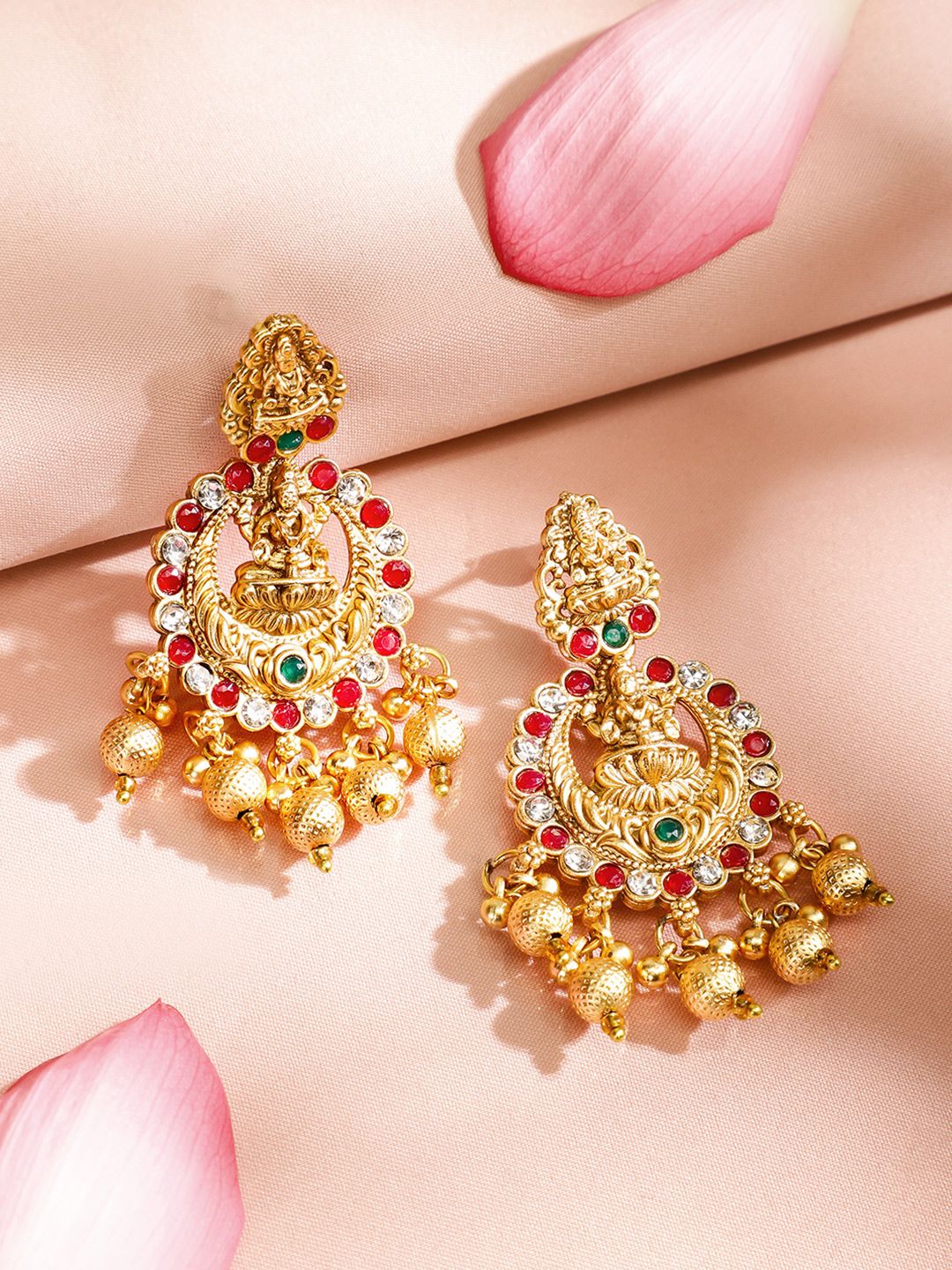 Dhiyona RJ Women's 22K Gold Plated Red, Green & White Stone Studded Lakshmi Motif Temple Jewellery Set