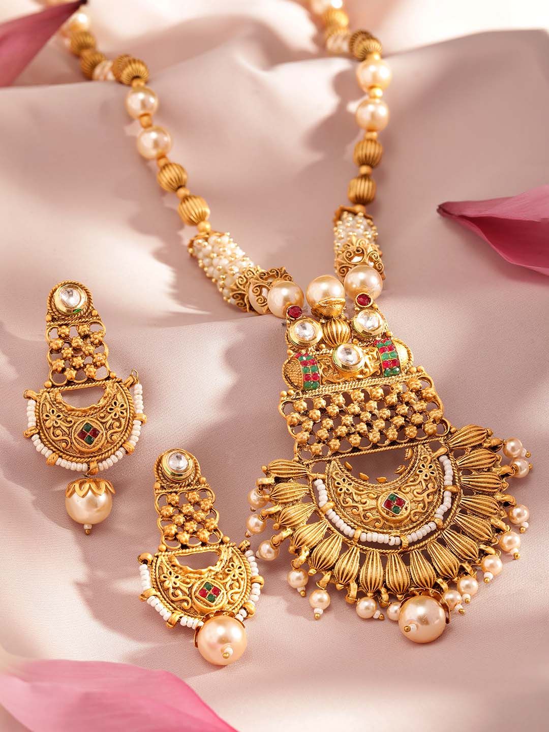 Dhiyona RJ Women's 22K Gold-Plated White, Red & Green Stone & Pearl Beaded Handcrafted Jewellery Set