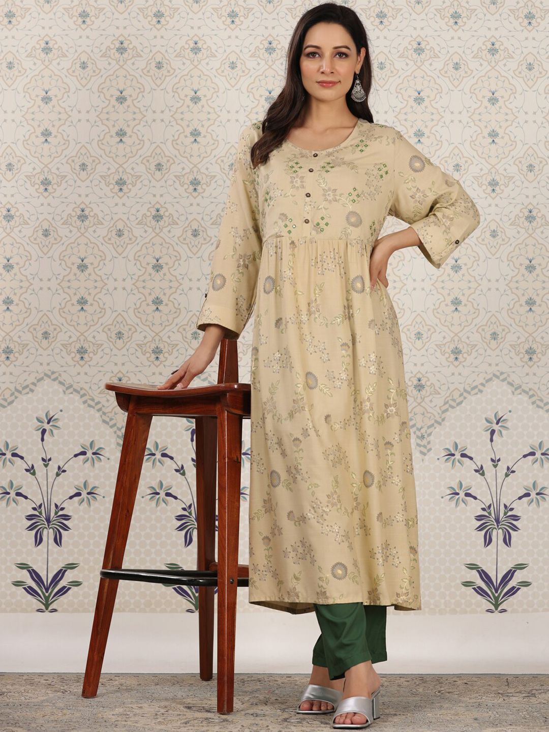 Dhiyona OD Ethnic motifs Printed Mirror Work Detailed A-Line Kurta