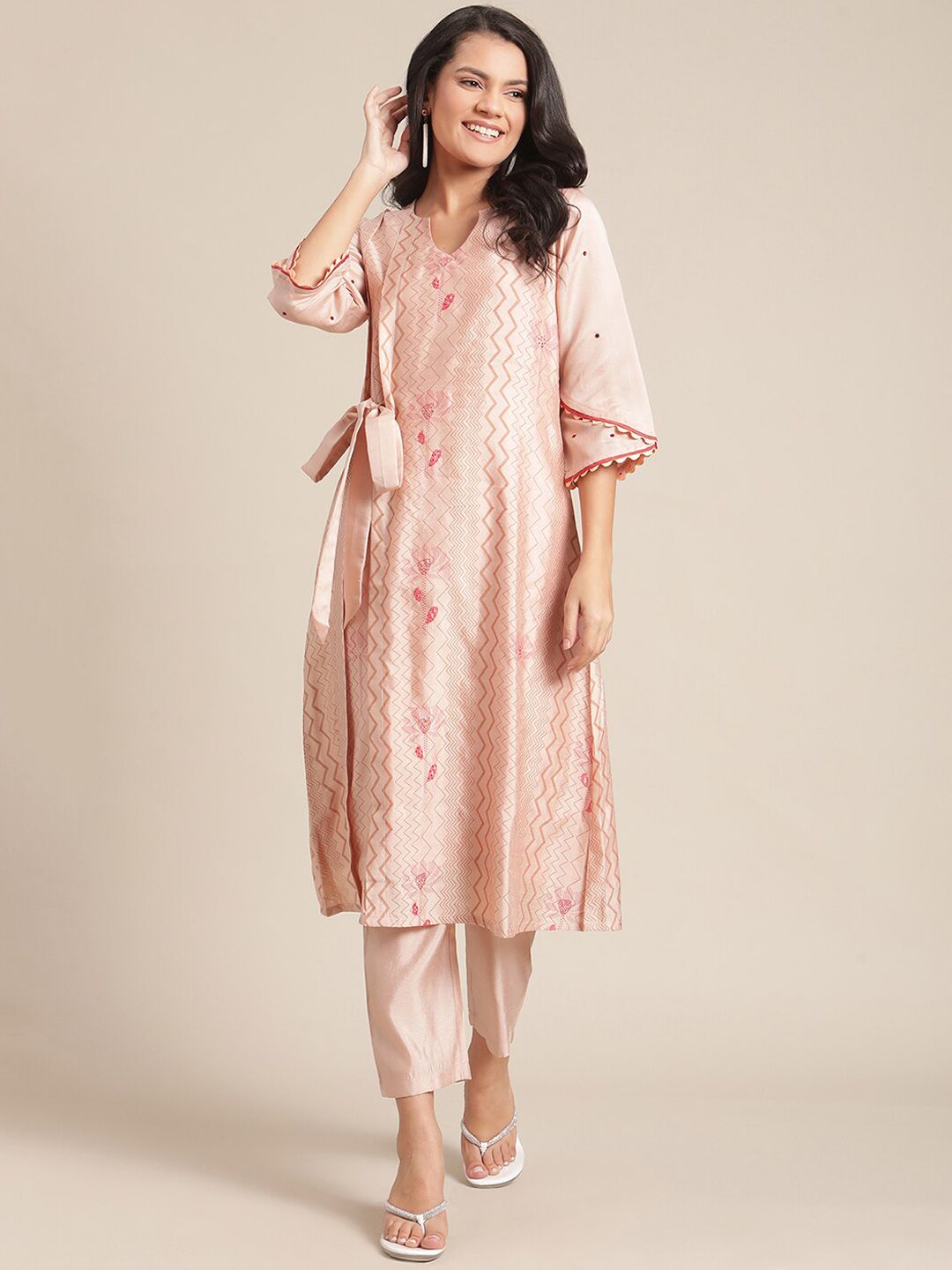 Dhiyona VA Women's Peach-Coloured Printed Regular Kurta with Trousers