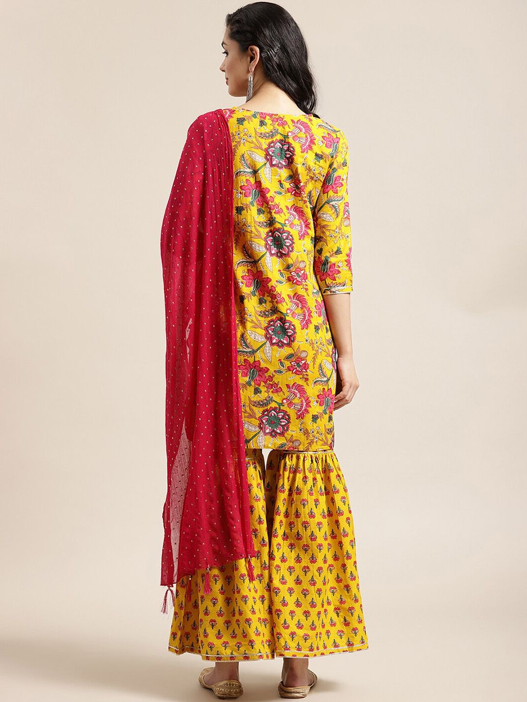 Dhiyona VA Women's Yellow Floral Printed Straight Pure Cotton Kurta & Sharara With Dupatta