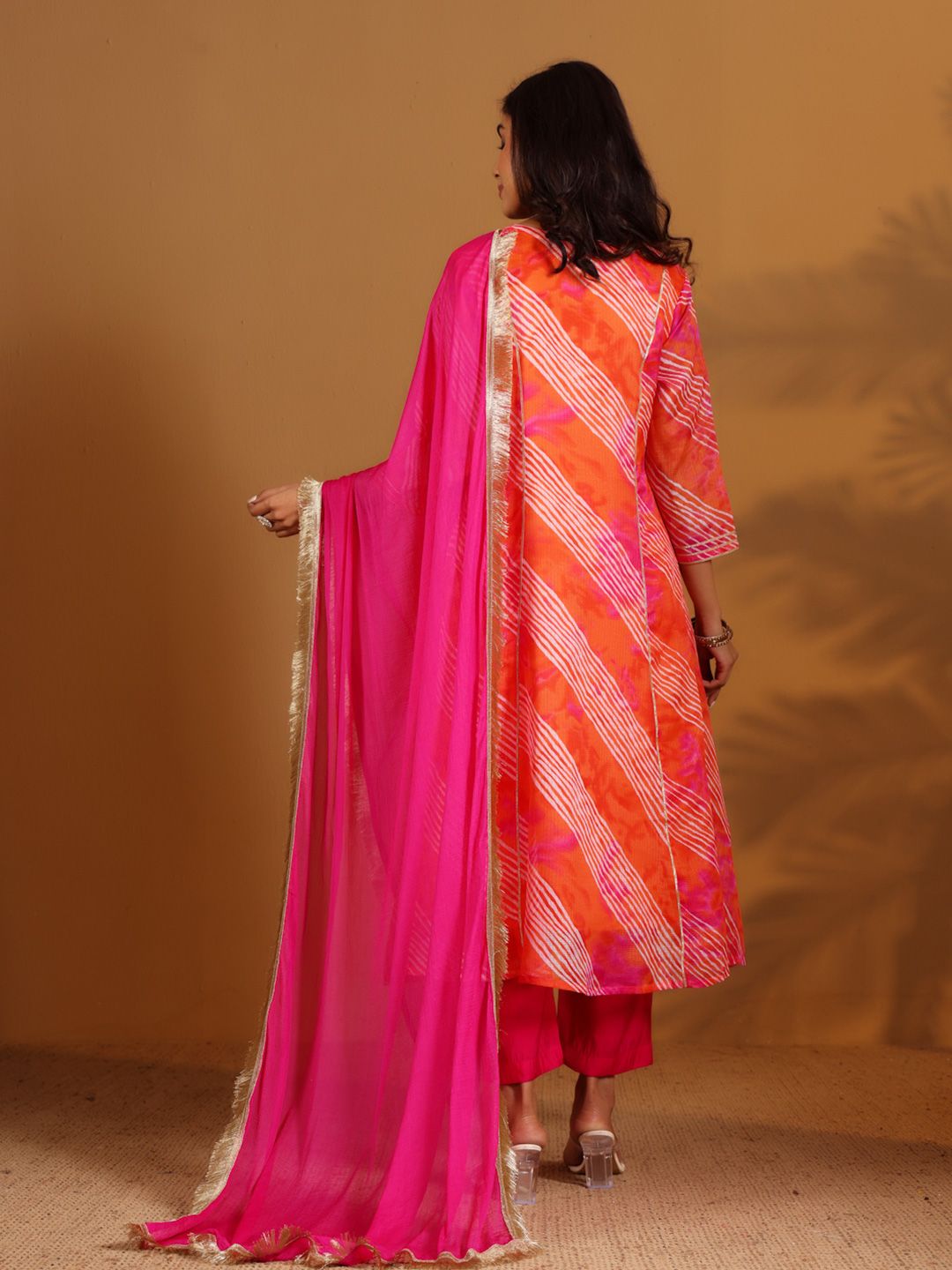 Dhiyona VA Women'sLeheriya Printed Gotta Patti V-Neck Anarkali Kurta With Trousers & Dupatta