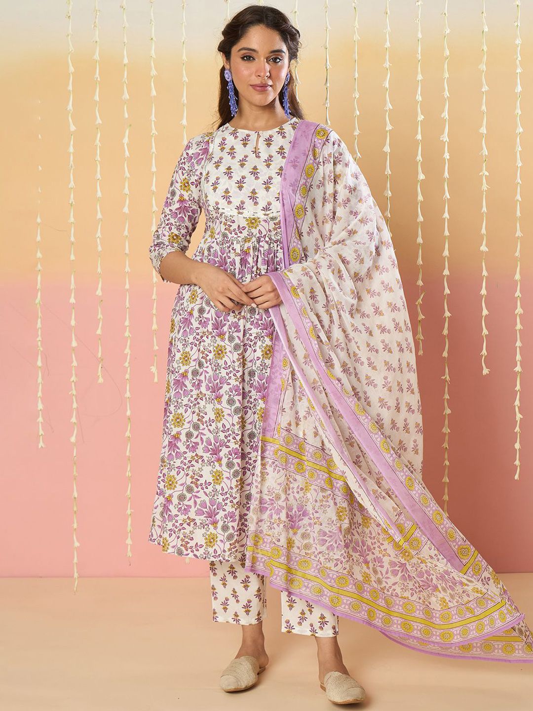 Dhiyona IE Floral Printed Key Hole Neck Pure Cotton Kurta With Trousers & Dupatta