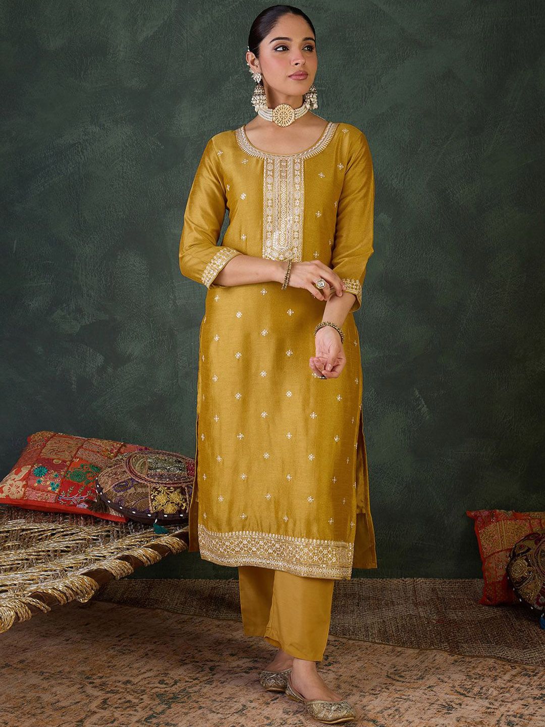 Women Embroidered Regular Sequinned Kurta with Trousers & Dupatta