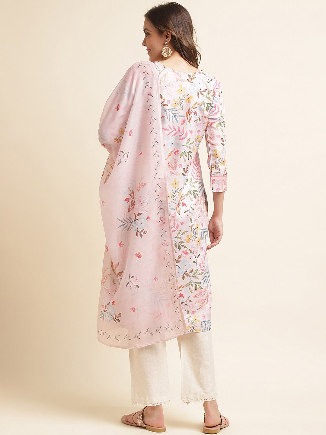Dhiyona OD Pink Floral Printed Sequinned Linen Kurta With Trousers & Dupatta