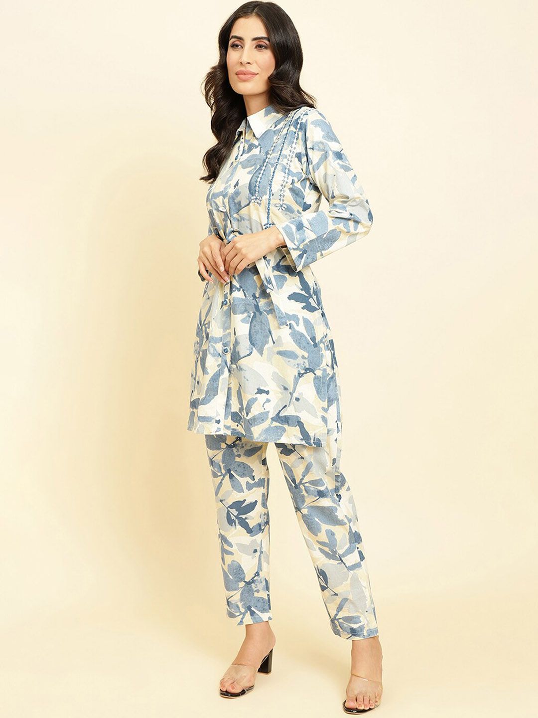 Dhiyona VA Women'sFloral Printed Shirt Collar Kurta With Trousers