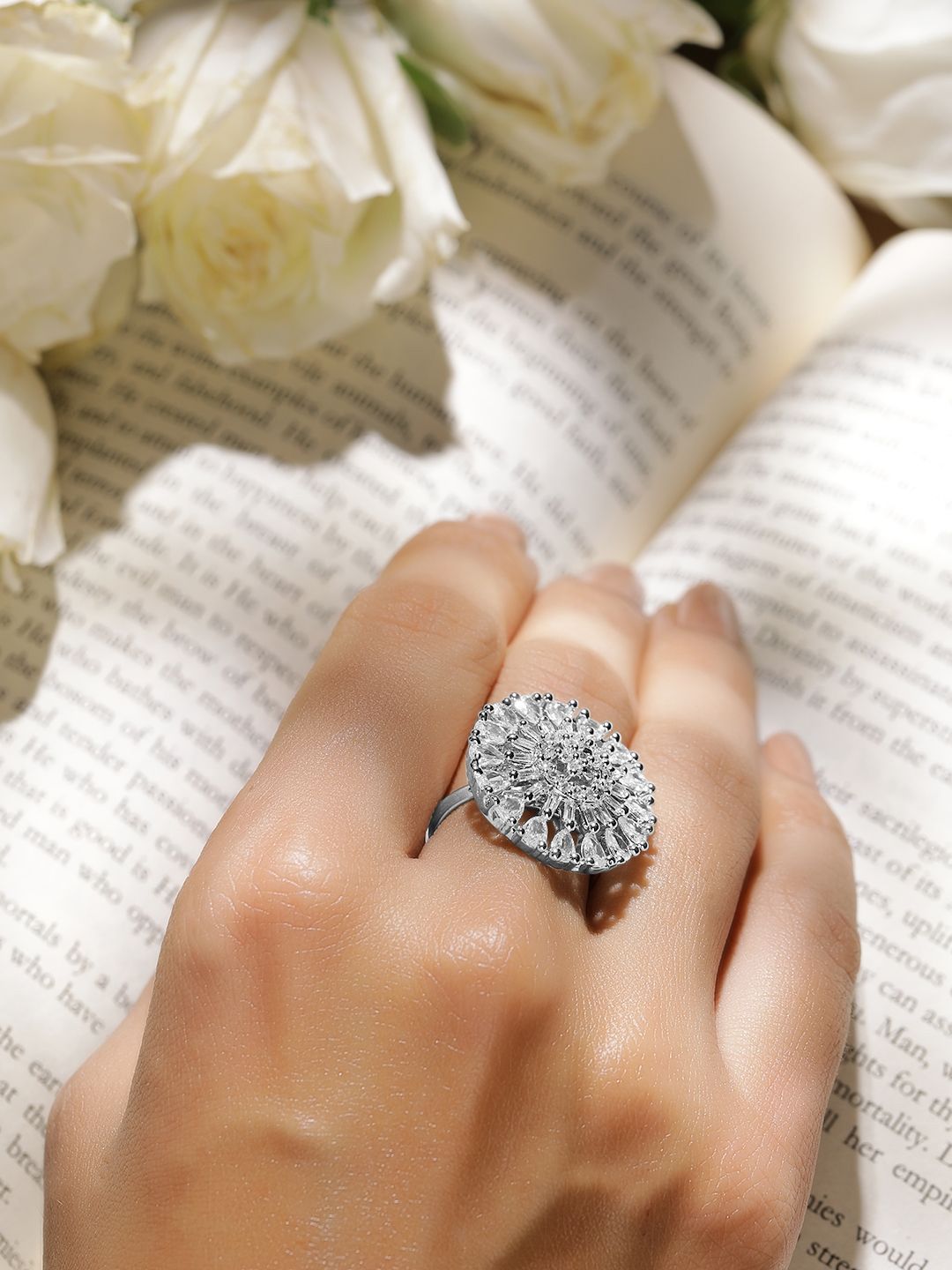 Dhiyona RJ Women's Rhodium Plated Cubic Zirconia Studded Finger Ring