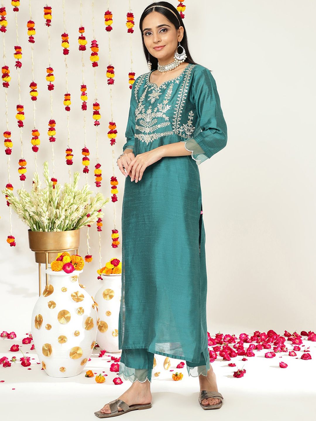Dhiyona VA Women'sEthnic Motifs Yoke Design A-Line Kurta With Trousers & Dupatta
