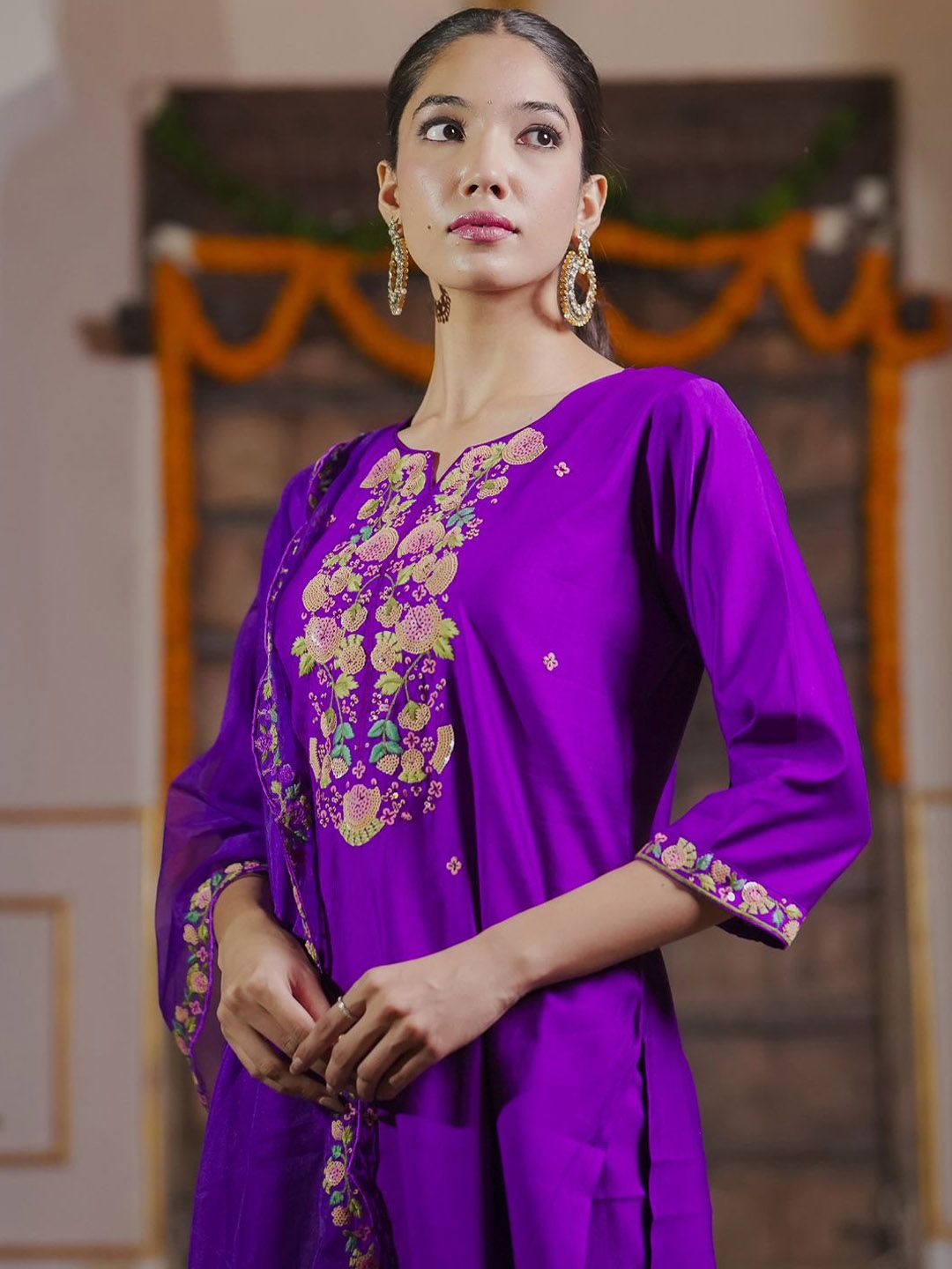 Dhiyona IE Floral Embroidered Sequinned Liva Kurta With Trousers & Dupatta