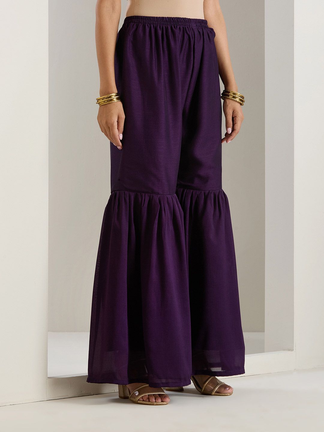 Dhiyona IS Women's Purple Ethnic Motifs Embroidered Chinon Straight Kurta With Sharara & Dupatta