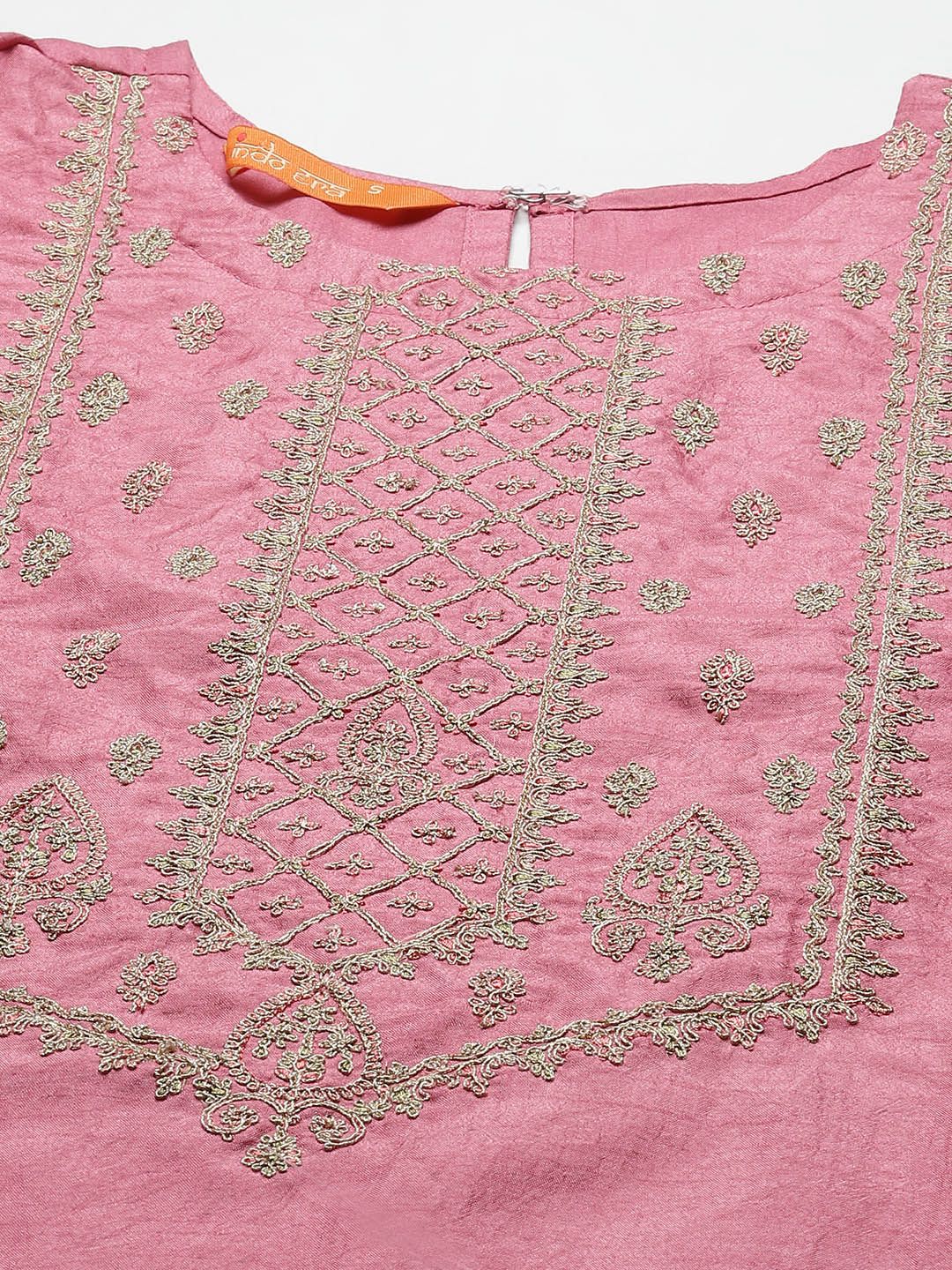 Dhiyona IE Women Pink Floral Yoke Design Regular Gotta Patti Kurta with Trousers & With Dupatta