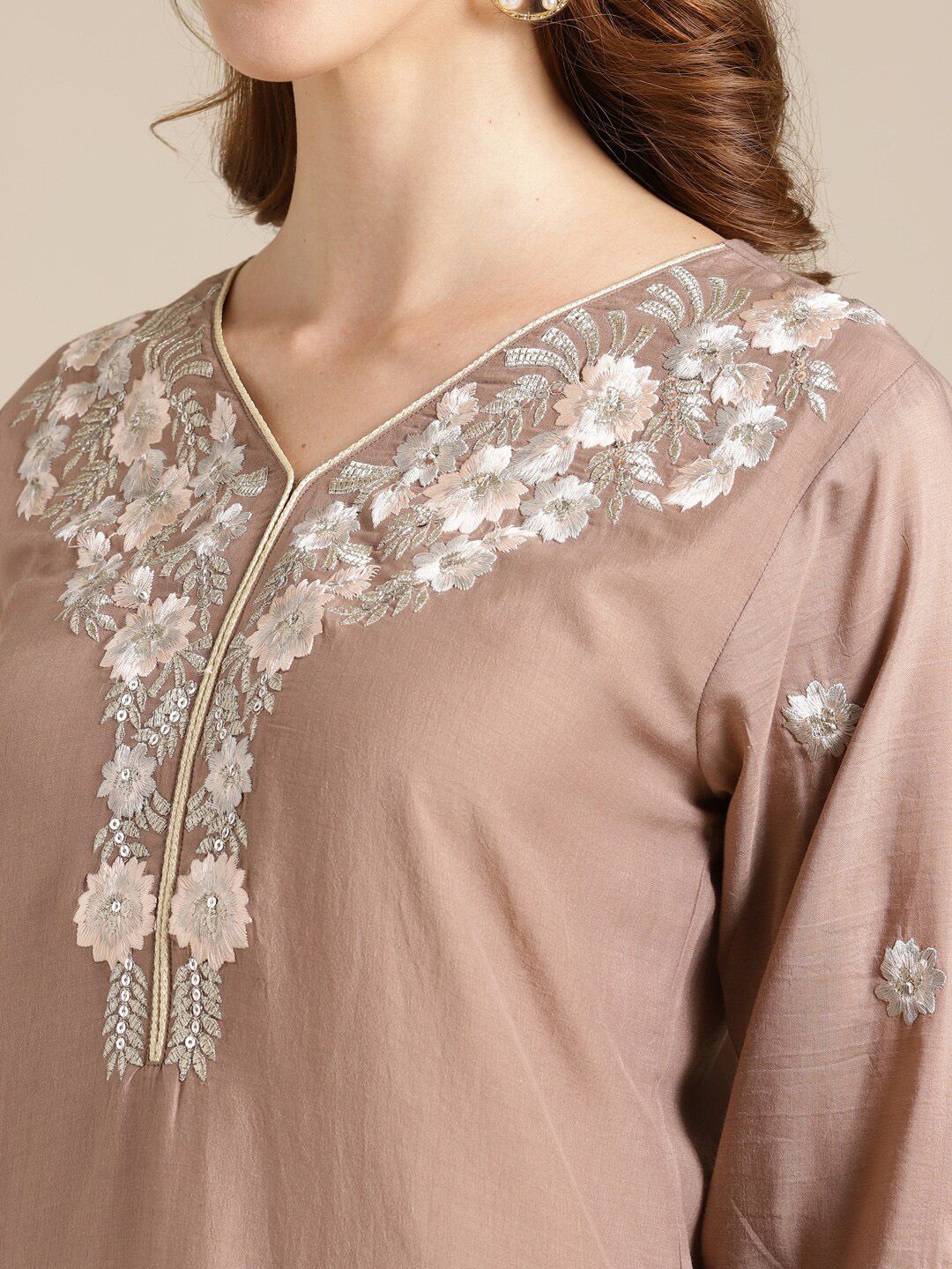 Dhiyona VA Women's Beige Floral Embroidered Kurta with Trousers & With Dupatta