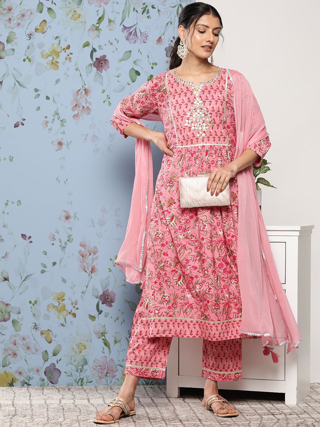 Dhiyona VA Women's Pink Floral Printed Gotta Patti Pure Cotton Kurta with Trousers & With Dupatta