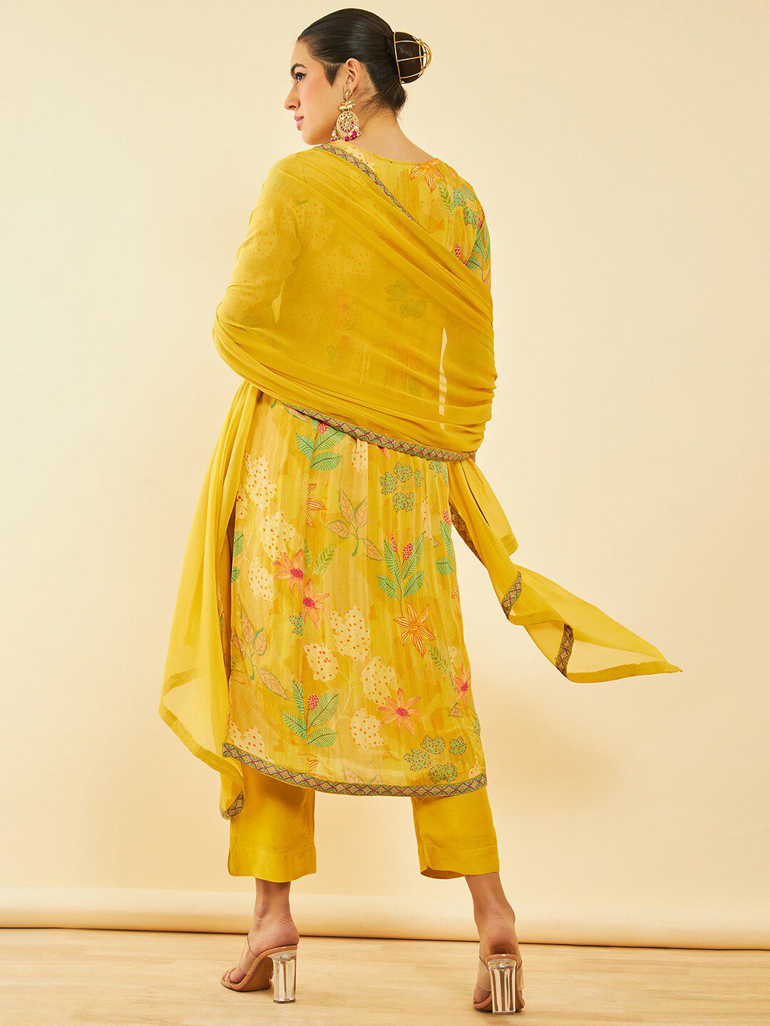 Dhiyona SO Women's Floral Printed Pleated Sequinned Kurta with Trouser & Dupatta