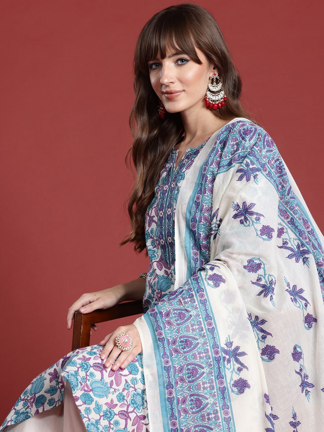 Dhiyona IE Floral Printed Pure Cotton Kurta with Trousers & With Dupatta