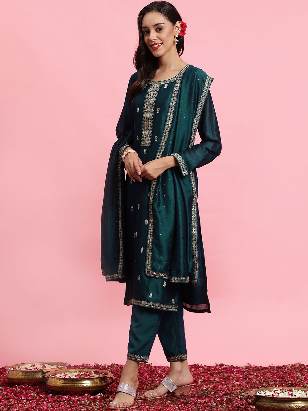 Dhiyona IE Embroidered Straight Sequinned Kurta with Trousers & Dupatta
