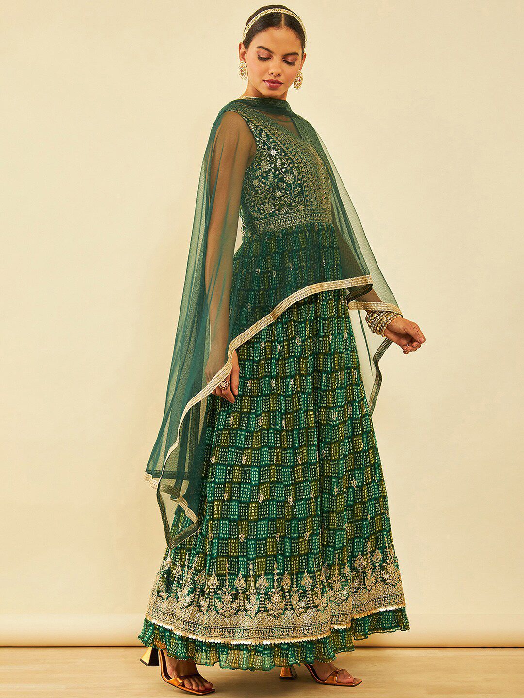 Dhiyona SO Women's Green Bandhani Printed Thread Work Georgette Anarkali Kurta & Churidar With dupatta