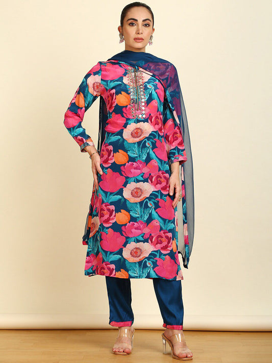Dhiyona SO Women's Floral Printed Straight Mirror Work Kurta With Trousers & Dupatta