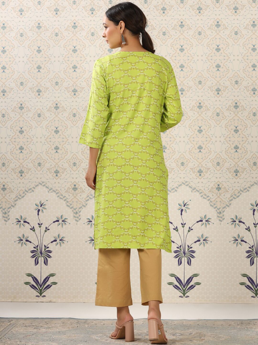 Dhiyona OD Lime Green & Beige Printed V Neck Kurta With Palazzos