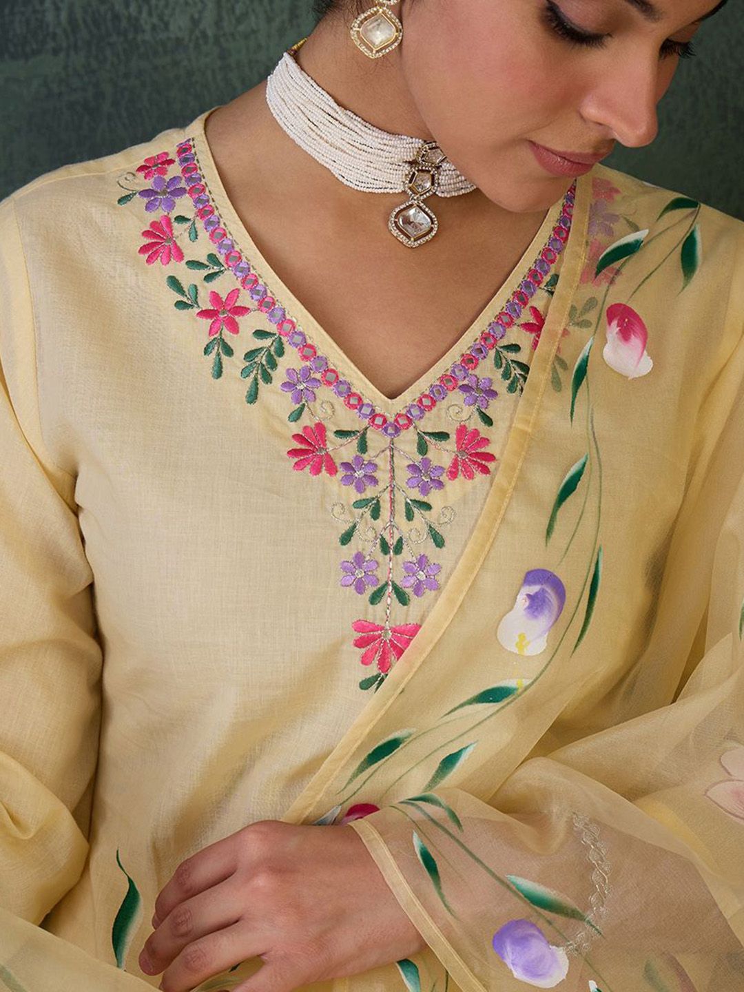 Dhiyona IE Floral Embroidered Neck Pure Cotton Kurta With Trousers & Dupatta