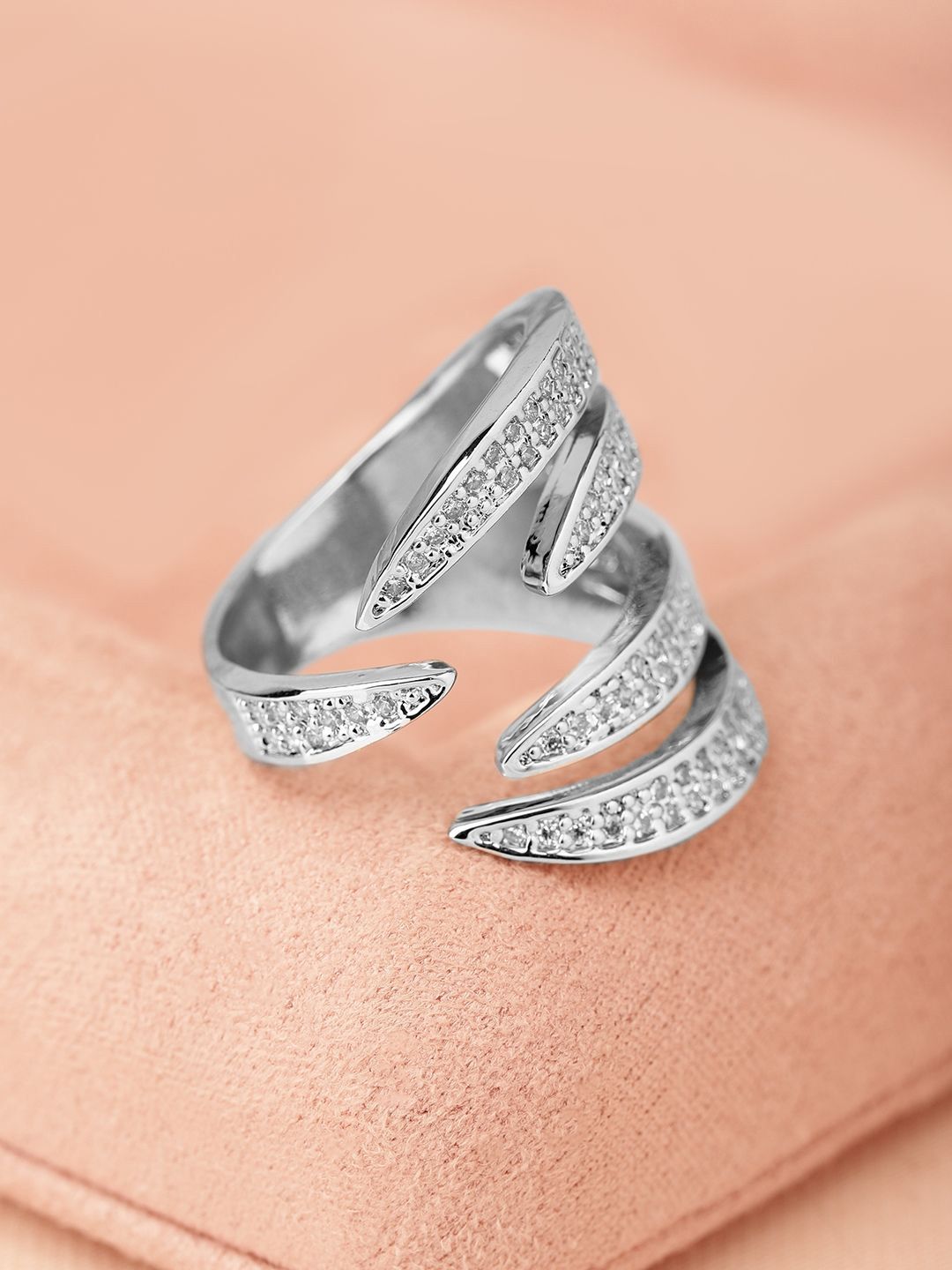 Dhiyona RJ Women's Rhodium Plated Cubic Zirconia Studded Adjustable Statement Ring