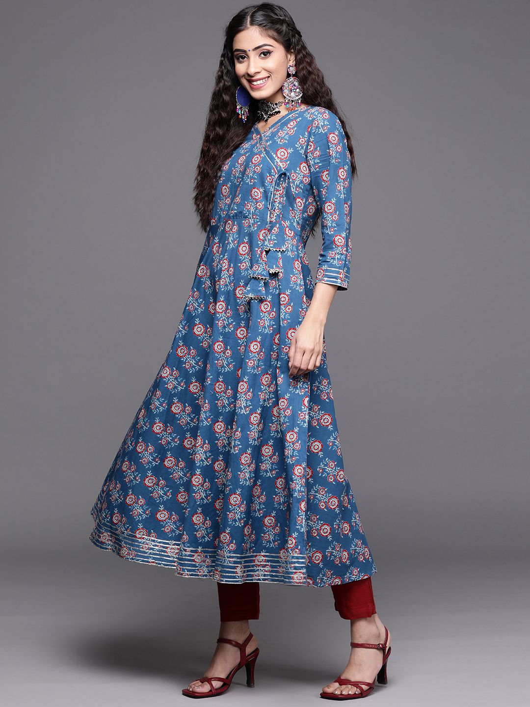 Dhiyona VA Women's Blue Ethnic Motifs Printed Angrakha Gotta Patti Kurta with Trousers & With Dupatta